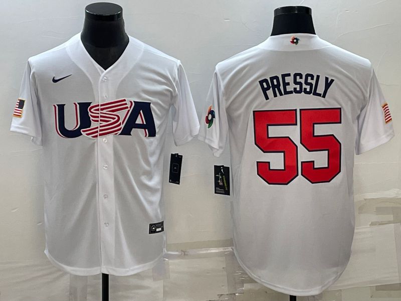 Men 2023 World Cub USA 55 Pressly White Nike MLB Jersey7